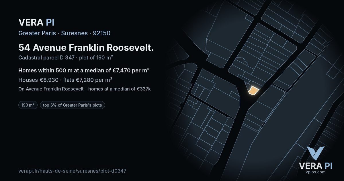 54 Avenue Franklin Roosevelt, Suresnes at night – the plot lit, the parcels around coloured by the prices near them