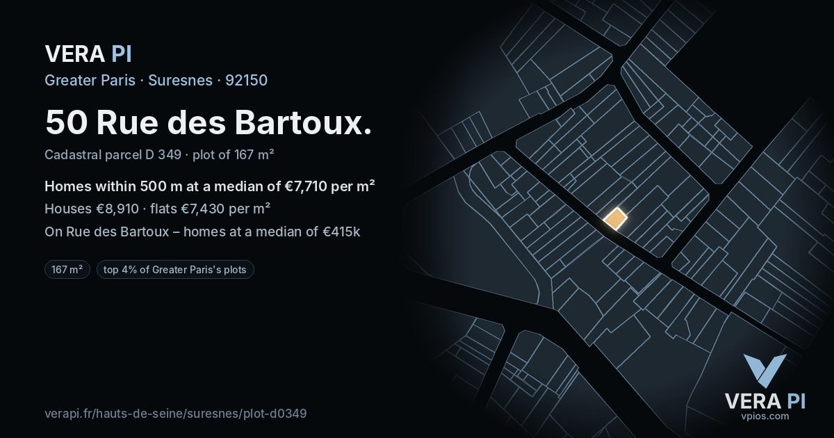 50 Rue des Bartoux, Suresnes at night – the plot lit, the parcels around coloured by the prices near them