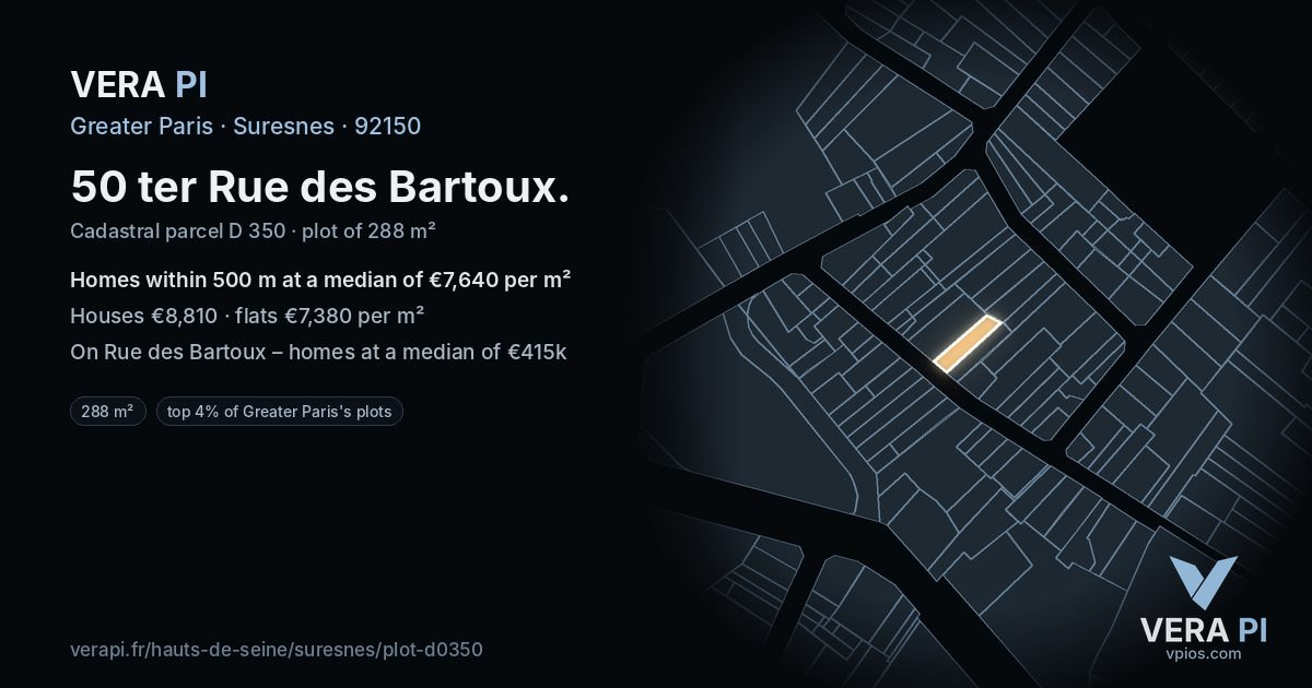 50 ter Rue des Bartoux, Suresnes at night – the plot lit, the parcels around coloured by the prices near them