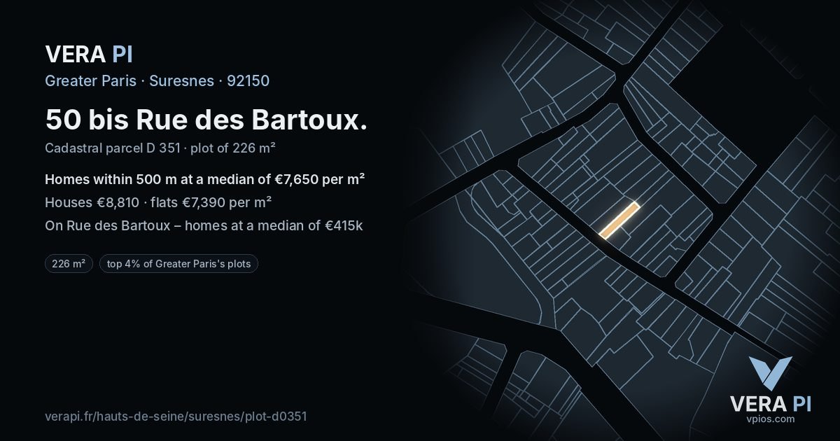 50 bis Rue des Bartoux, Suresnes at night – the plot lit, the parcels around coloured by the prices near them