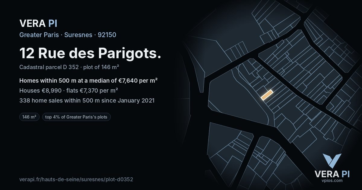 12 Rue des Parigots, Suresnes at night – the plot lit, the parcels around coloured by the prices near them