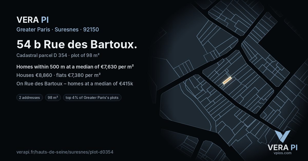 54 b Rue des Bartoux, Suresnes at night – the plot lit, the parcels around coloured by the prices near them