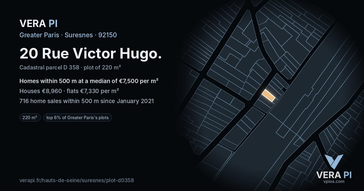 20 Rue Victor Hugo, Suresnes at night – the plot lit, the parcels around coloured by the prices near them