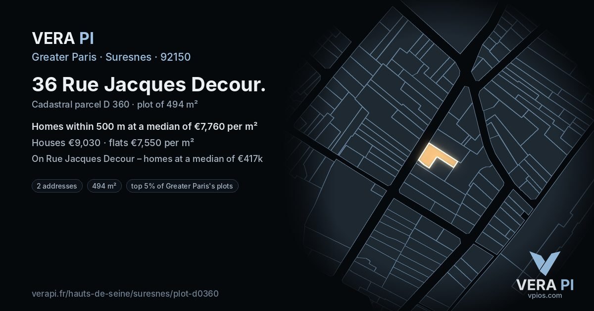 36 Rue Jacques Decour, Suresnes at night – the plot lit, the parcels around coloured by the prices near them