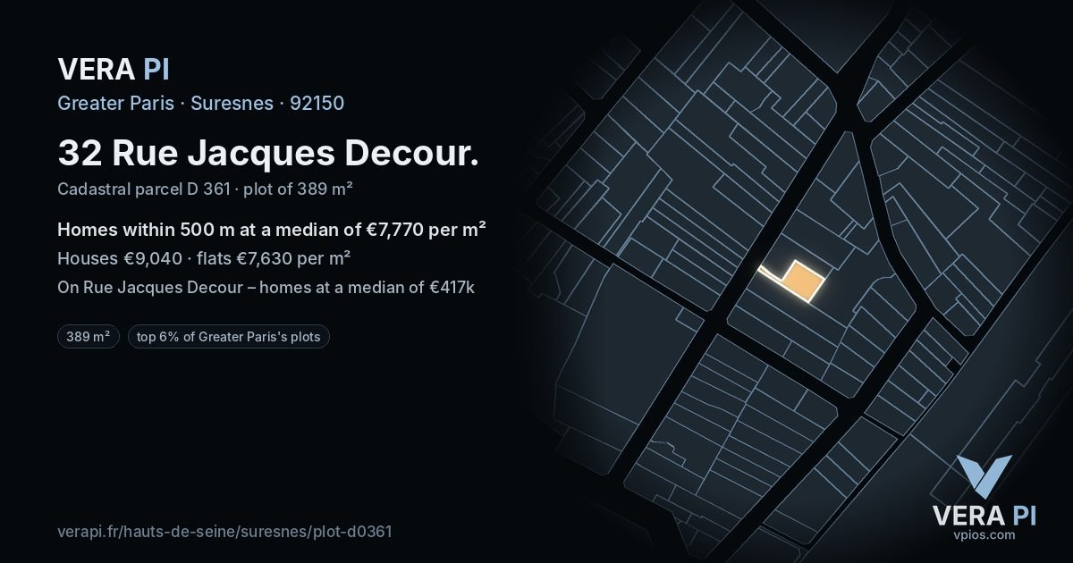 32 Rue Jacques Decour, Suresnes at night – the plot lit, the parcels around coloured by the prices near them