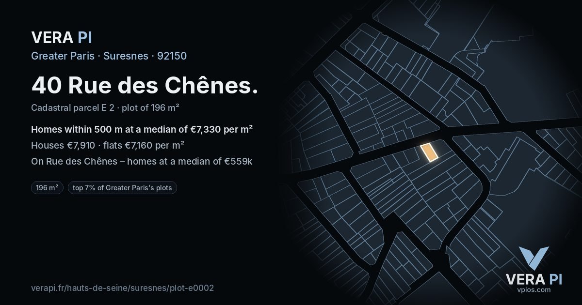40 Rue des Chênes, Suresnes at night – the plot lit, the parcels around coloured by the prices near them