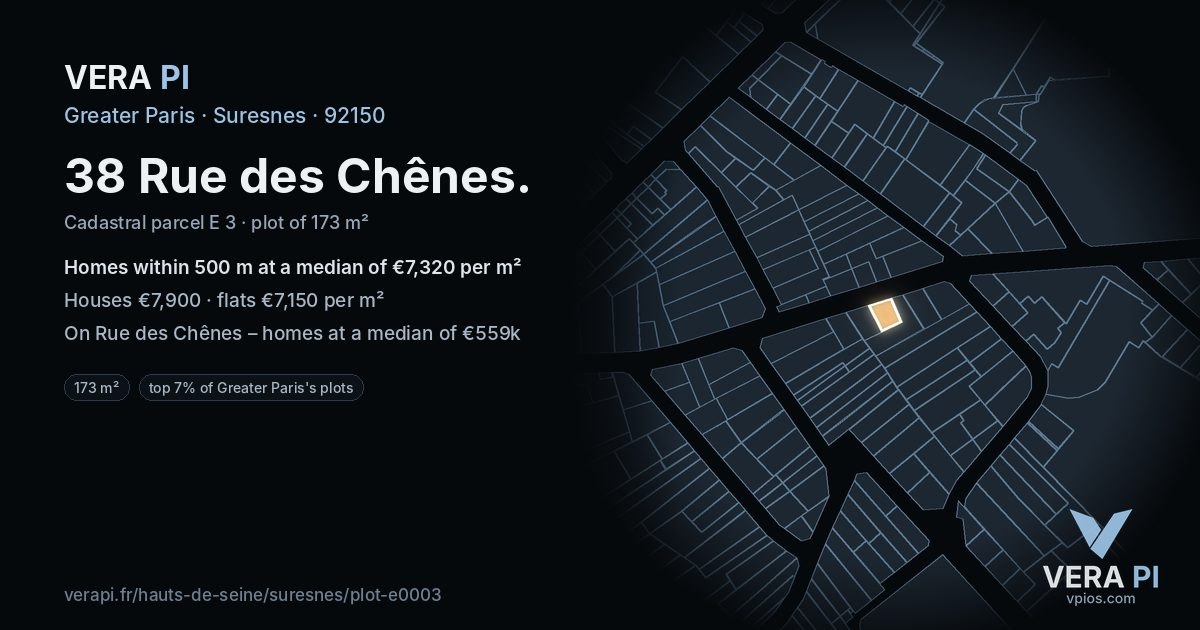 38 Rue des Chênes, Suresnes at night – the plot lit, the parcels around coloured by the prices near them