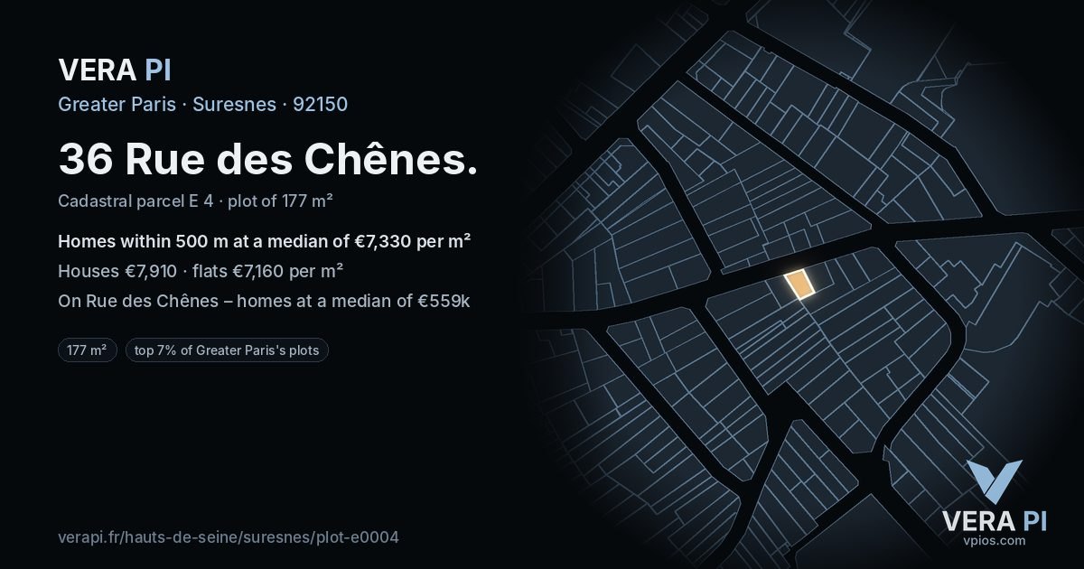 36 Rue des Chênes, Suresnes at night – the plot lit, the parcels around coloured by the prices near them