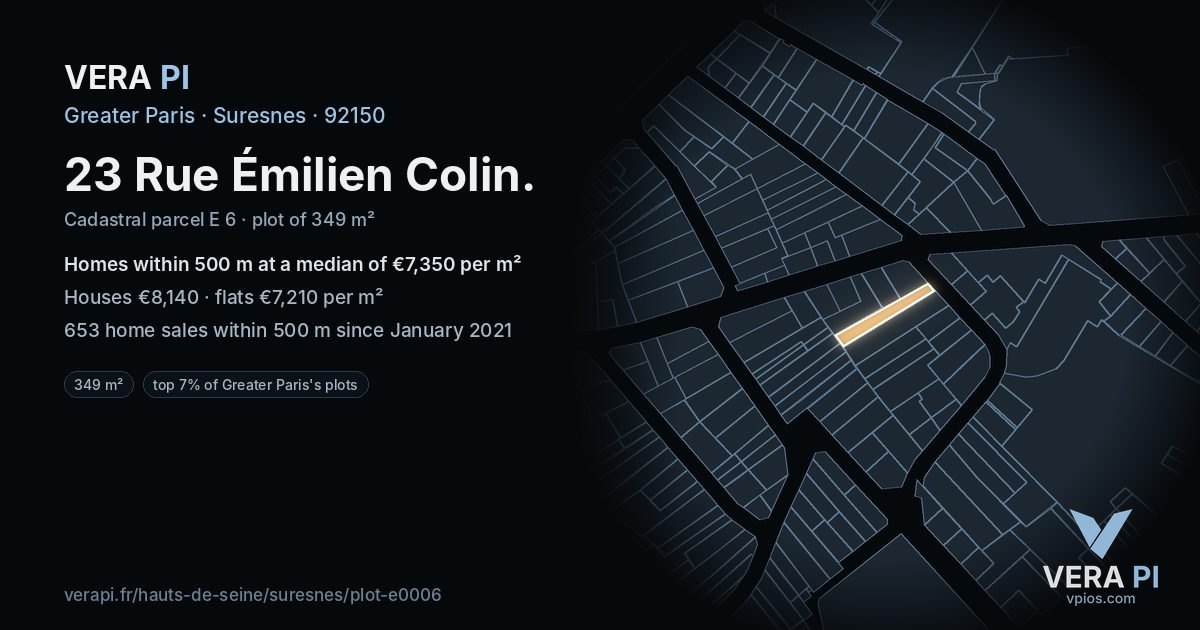 23 Rue Émilien Colin, Suresnes at night – the plot lit, the parcels around coloured by the prices near them