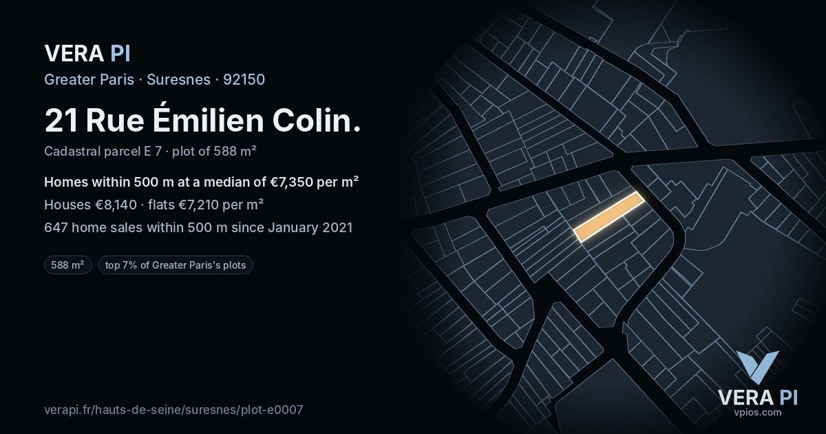 21 Rue Émilien Colin, Suresnes at night – the plot lit, the parcels around coloured by the prices near them