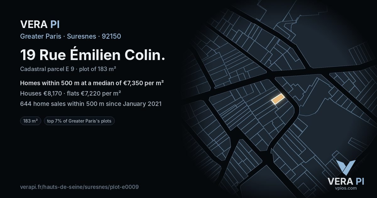 19 Rue Émilien Colin, Suresnes at night – the plot lit, the parcels around coloured by the prices near them