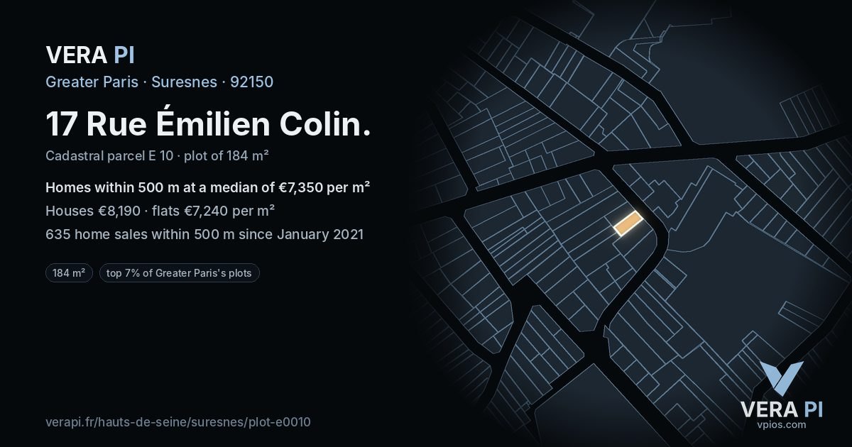 17 Rue Émilien Colin, Suresnes at night – the plot lit, the parcels around coloured by the prices near them