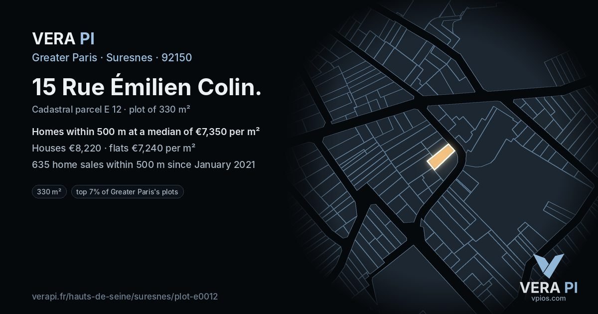 15 Rue Émilien Colin, Suresnes at night – the plot lit, the parcels around coloured by the prices near them