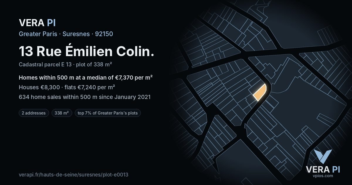 13 Rue Émilien Colin, Suresnes at night – the plot lit, the parcels around coloured by the prices near them