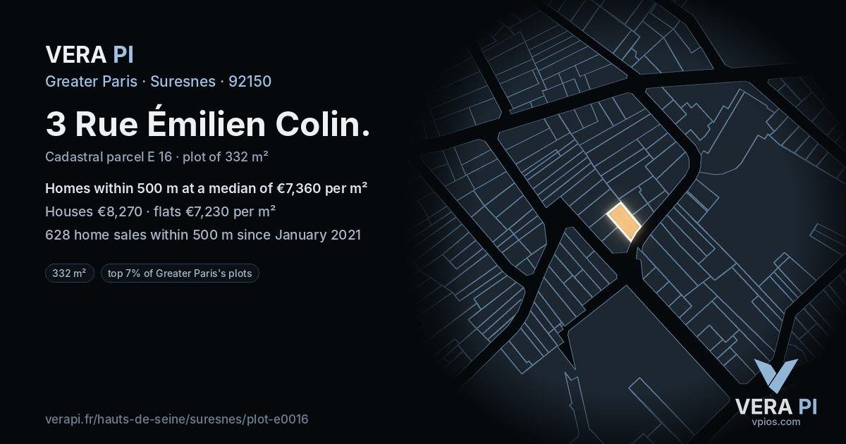 3 Rue Émilien Colin, Suresnes at night – the plot lit, the parcels around coloured by the prices near them