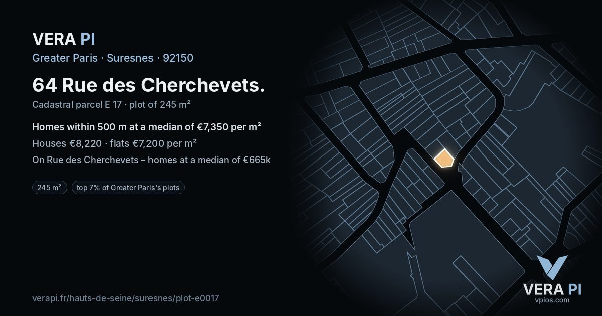64 Rue des Cherchevets, Suresnes at night – the plot lit, the parcels around coloured by the prices near them