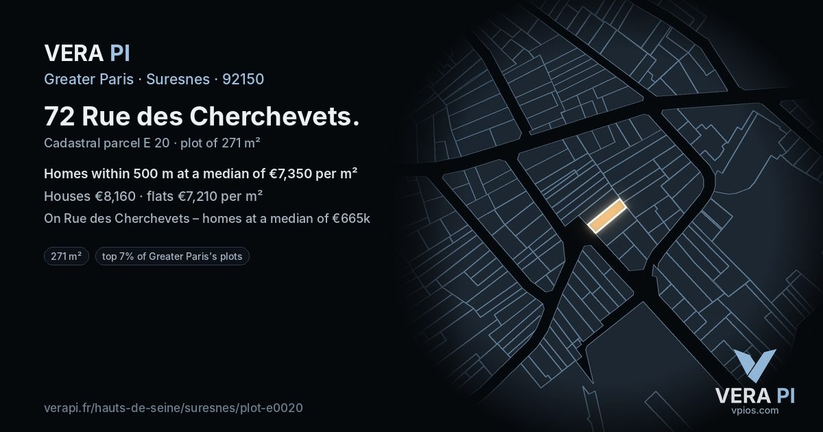 72 Rue des Cherchevets, Suresnes at night – the plot lit, the parcels around coloured by the prices near them