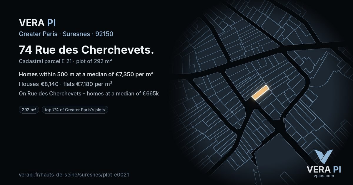74 Rue des Cherchevets, Suresnes at night – the plot lit, the parcels around coloured by the prices near them