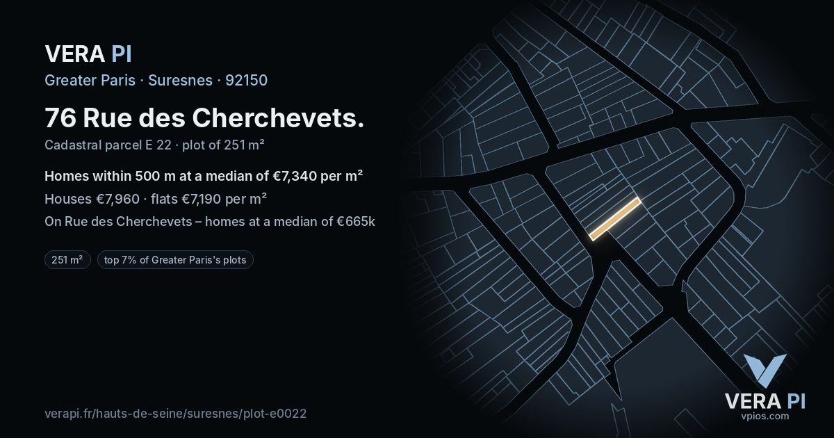 76 Rue des Cherchevets, Suresnes at night – the plot lit, the parcels around coloured by the prices near them