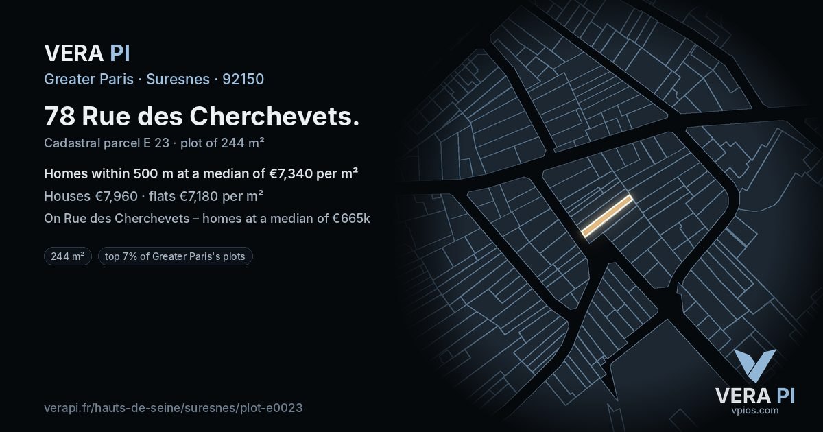 78 Rue des Cherchevets, Suresnes at night – the plot lit, the parcels around coloured by the prices near them