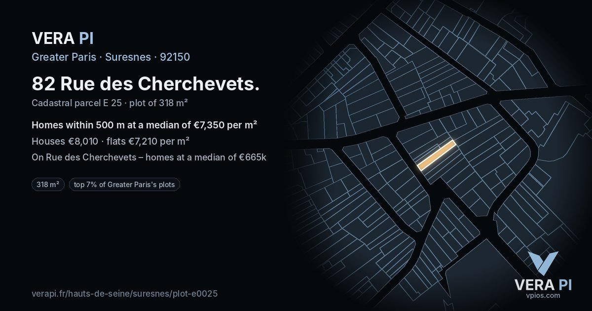 82 Rue des Cherchevets, Suresnes at night – the plot lit, the parcels around coloured by the prices near them