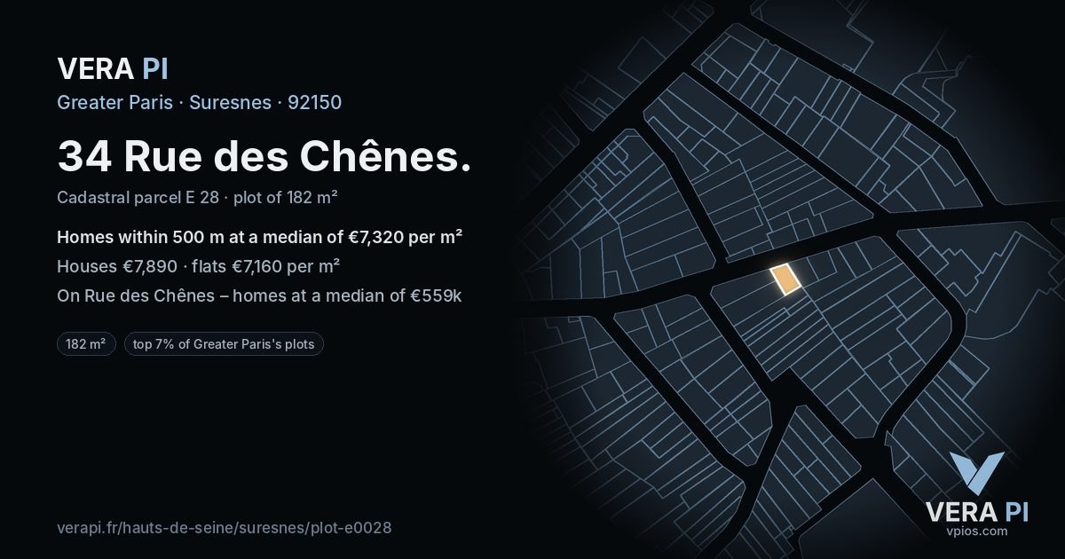 34 Rue des Chênes, Suresnes at night – the plot lit, the parcels around coloured by the prices near them