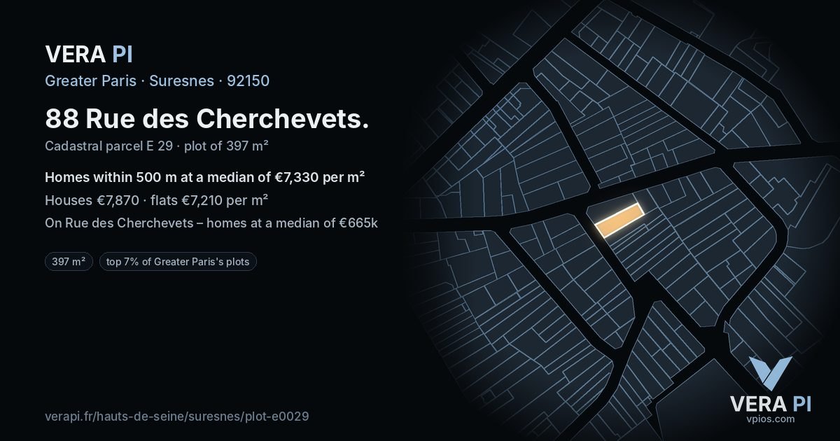 88 Rue des Cherchevets, Suresnes at night – the plot lit, the parcels around coloured by the prices near them