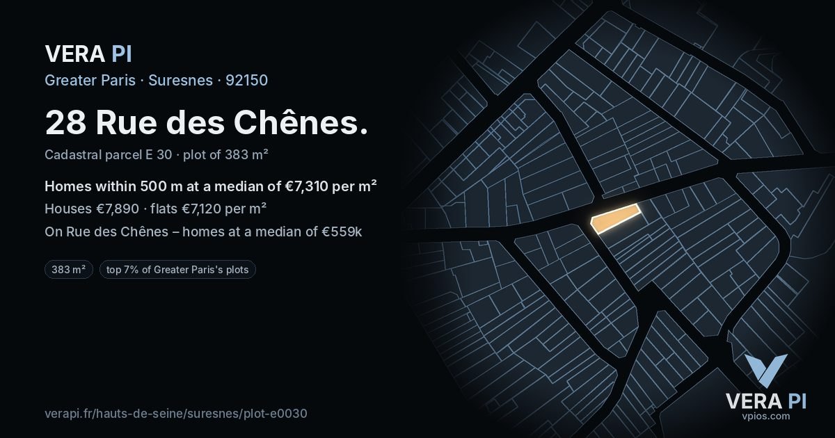 28 Rue des Chênes, Suresnes at night – the plot lit, the parcels around coloured by the prices near them
