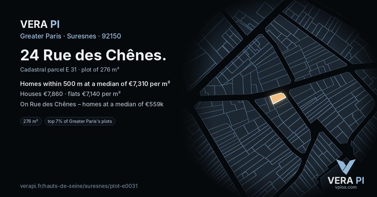 24 Rue des Chênes, Suresnes at night – the plot lit, the parcels around coloured by the prices near them
