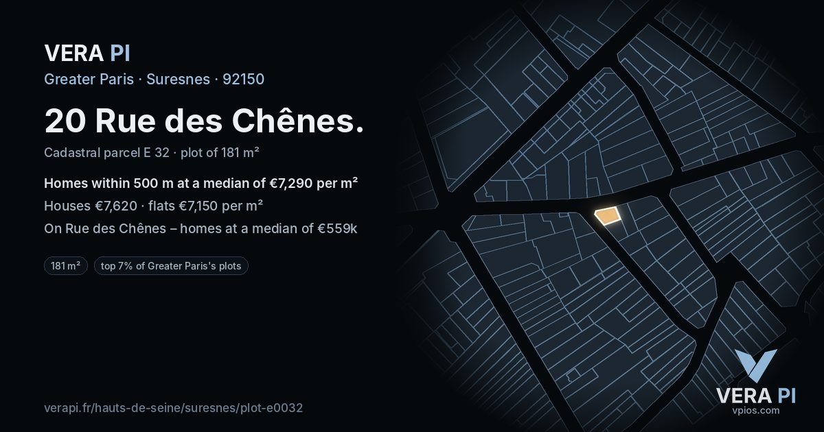 20 Rue des Chênes, Suresnes at night – the plot lit, the parcels around coloured by the prices near them