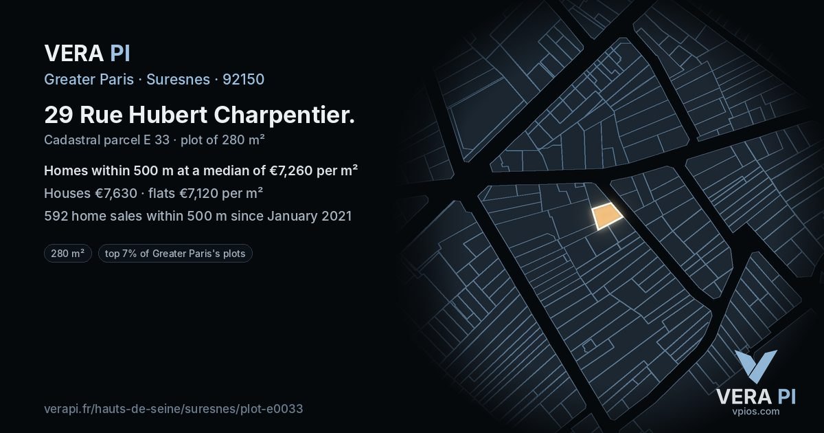 29 Rue Hubert Charpentier, Suresnes at night – the plot lit, the parcels around coloured by the prices near them