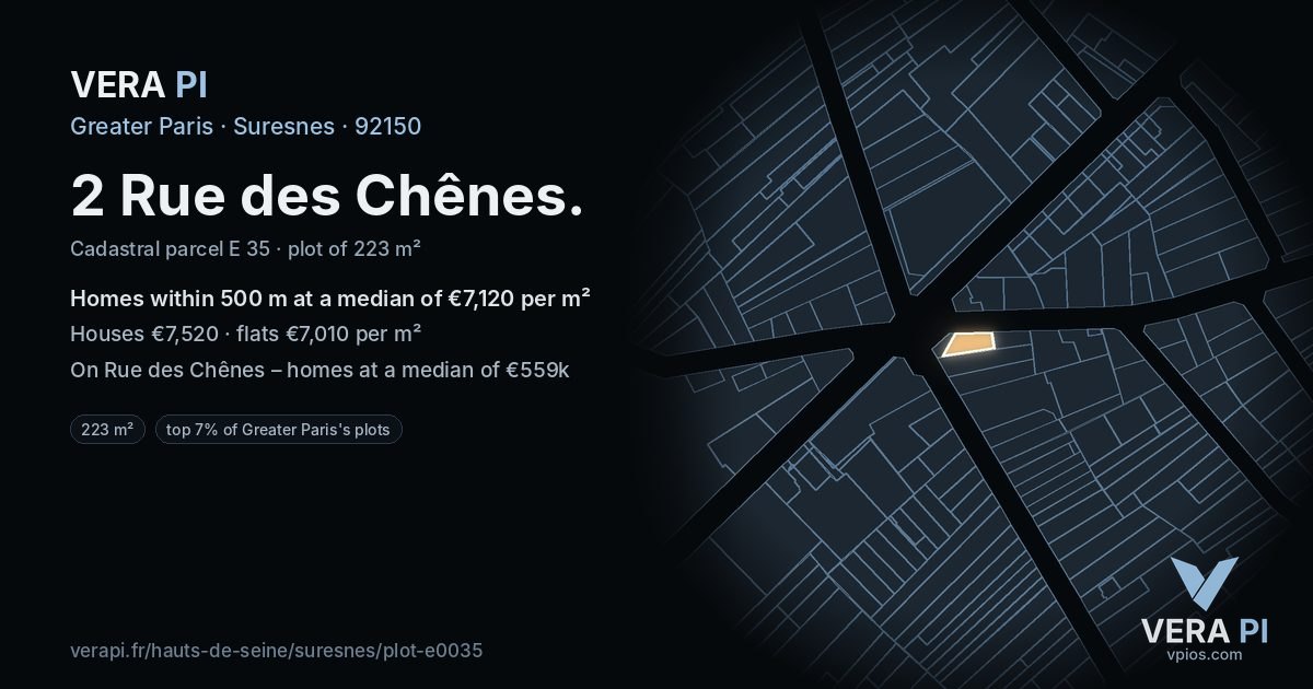 2 Rue des Chênes, Suresnes at night – the plot lit, the parcels around coloured by the prices near them