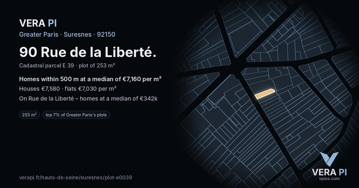 90 Rue de la Liberté, Suresnes at night – the plot lit, the parcels around coloured by the prices near them