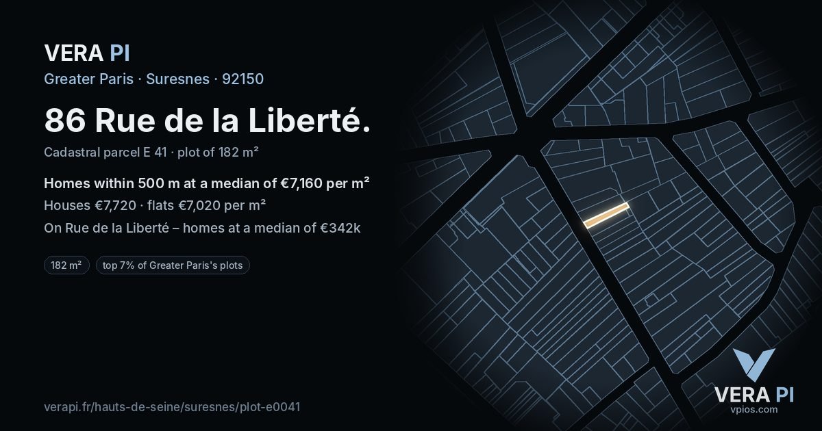 86 Rue de la Liberté, Suresnes at night – the plot lit, the parcels around coloured by the prices near them