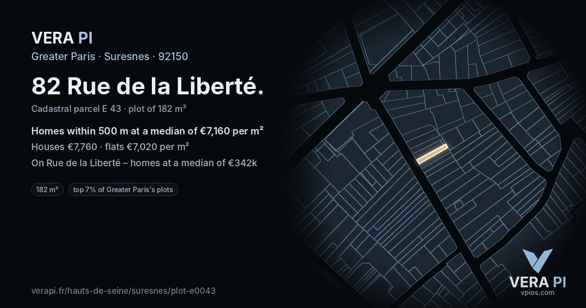 82 Rue de la Liberté, Suresnes at night – the plot lit, the parcels around coloured by the prices near them
