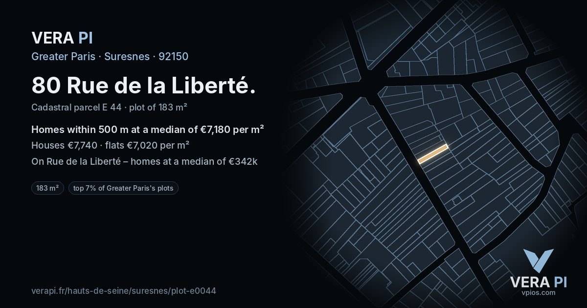 80 Rue de la Liberté, Suresnes at night – the plot lit, the parcels around coloured by the prices near them