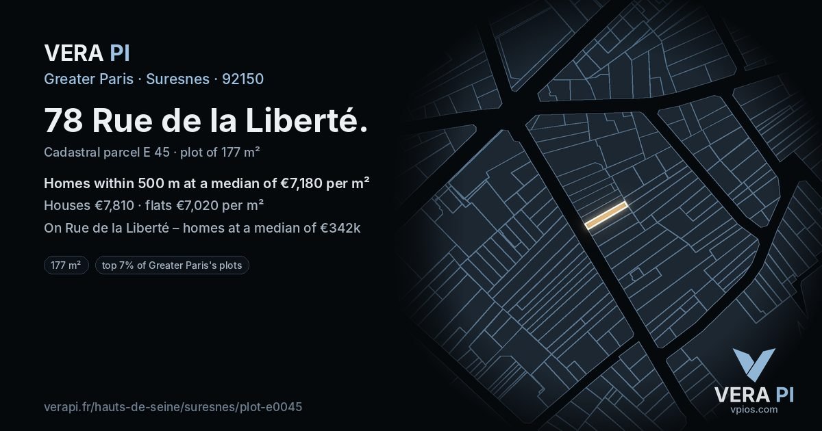 78 Rue de la Liberté, Suresnes at night – the plot lit, the parcels around coloured by the prices near them
