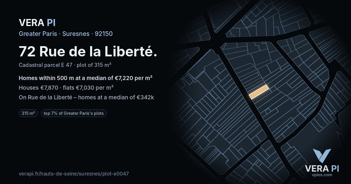 72 Rue de la Liberté, Suresnes at night – the plot lit, the parcels around coloured by the prices near them