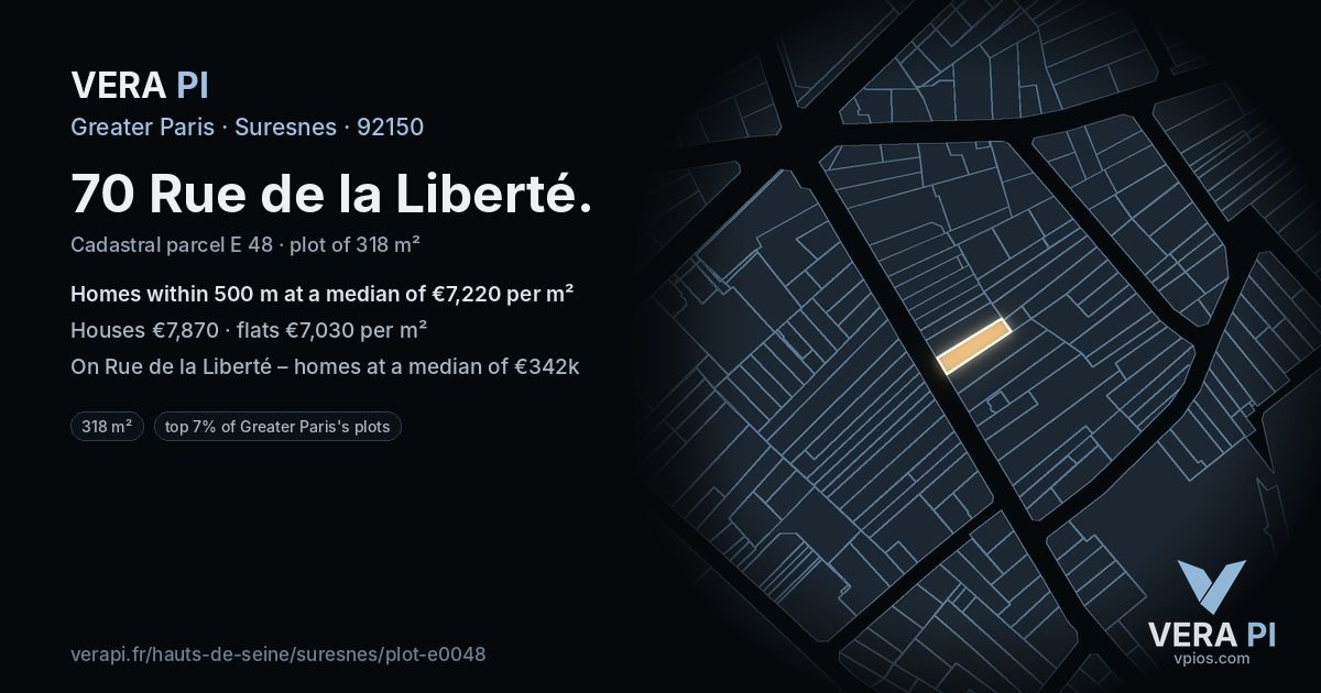 70 Rue de la Liberté, Suresnes at night – the plot lit, the parcels around coloured by the prices near them