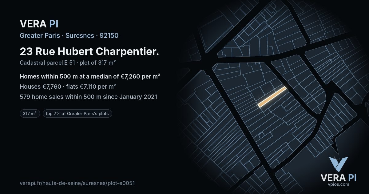 23 Rue Hubert Charpentier, Suresnes at night – the plot lit, the parcels around coloured by the prices near them