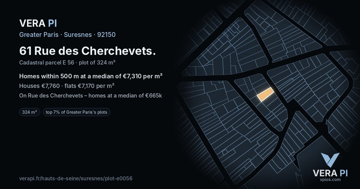 61 Rue des Cherchevets, Suresnes at night – the plot lit, the parcels around coloured by the prices near them