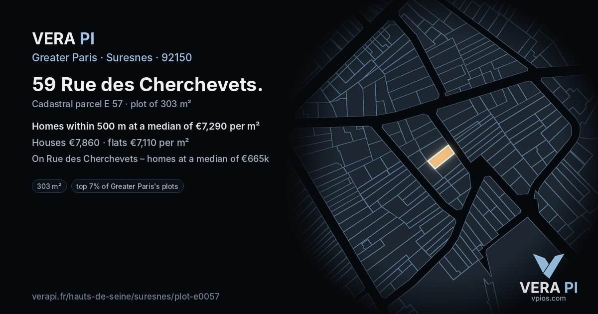 59 Rue des Cherchevets, Suresnes at night – the plot lit, the parcels around coloured by the prices near them