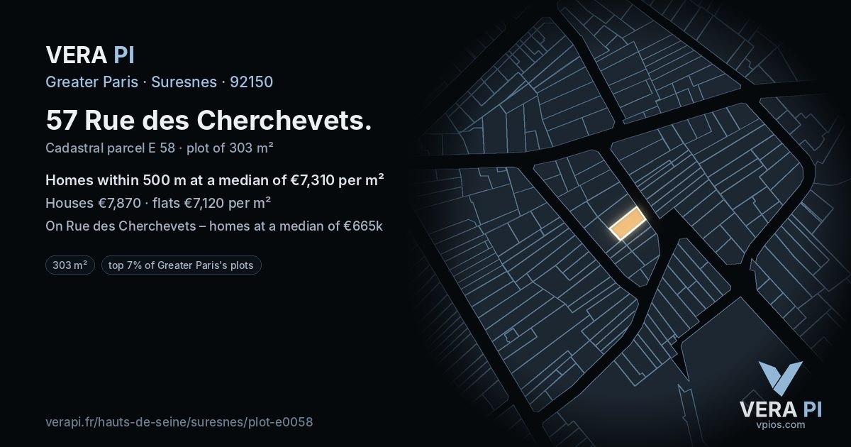 57 Rue des Cherchevets, Suresnes at night – the plot lit, the parcels around coloured by the prices near them