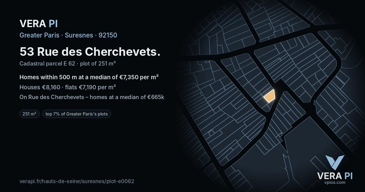 53 Rue des Cherchevets, Suresnes at night – the plot lit, the parcels around coloured by the prices near them
