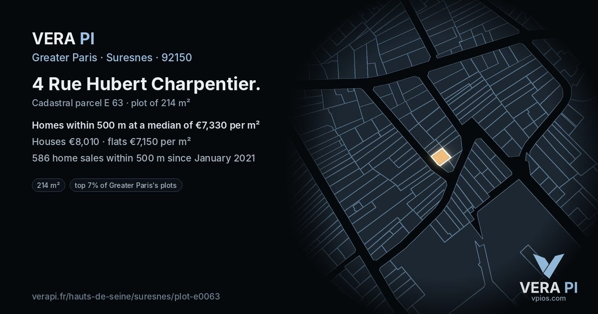 4 Rue Hubert Charpentier, Suresnes at night – the plot lit, the parcels around coloured by the prices near them