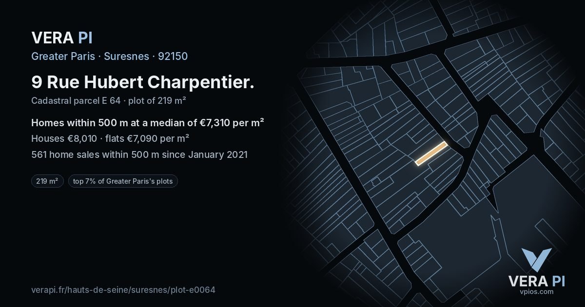 9 Rue Hubert Charpentier, Suresnes at night – the plot lit, the parcels around coloured by the prices near them