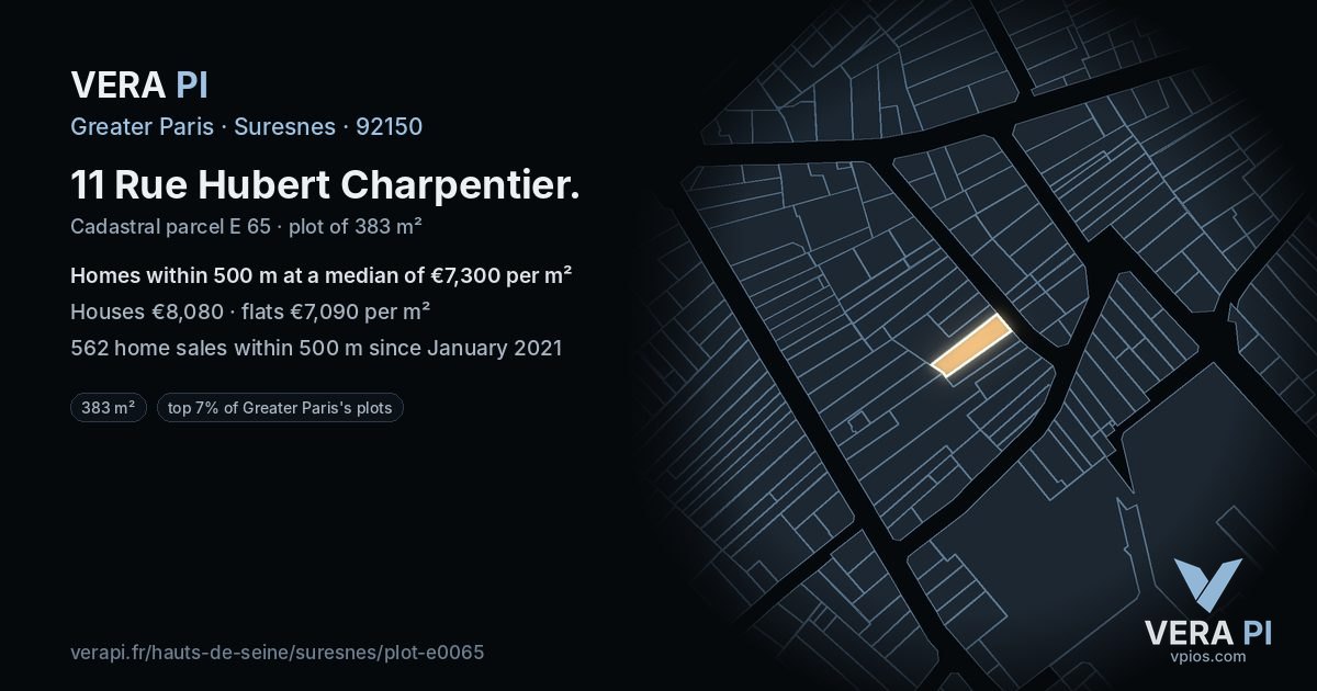 11 Rue Hubert Charpentier, Suresnes at night – the plot lit, the parcels around coloured by the prices near them