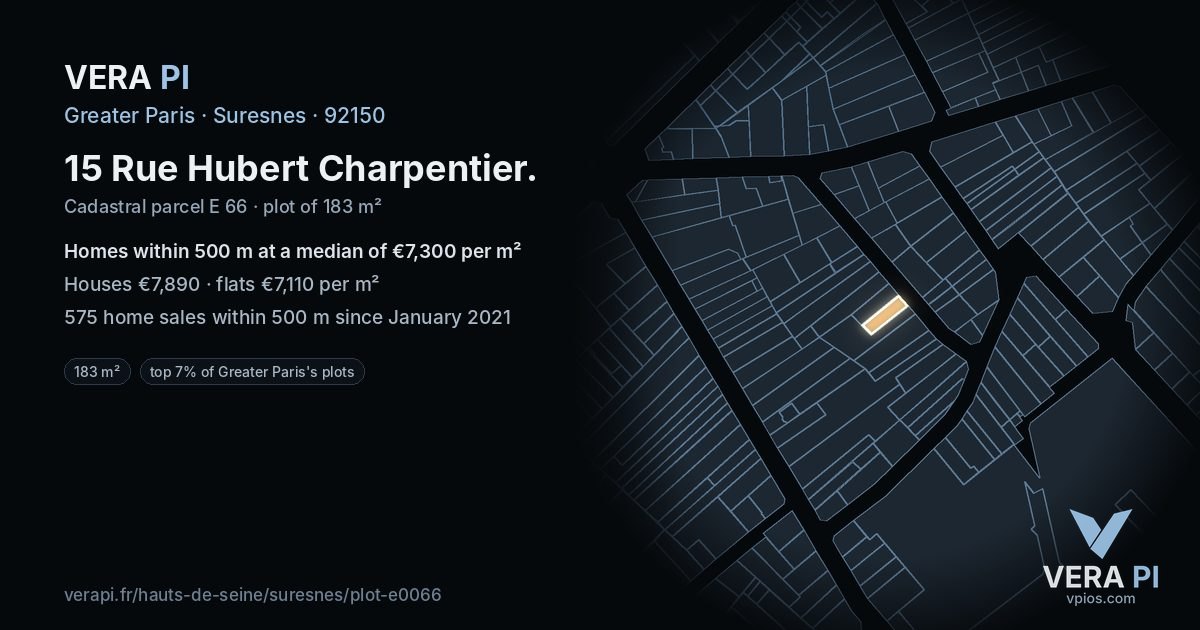 15 Rue Hubert Charpentier, Suresnes at night – the plot lit, the parcels around coloured by the prices near them