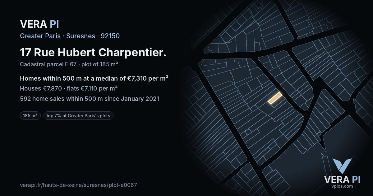 17 Rue Hubert Charpentier, Suresnes at night – the plot lit, the parcels around coloured by the prices near them