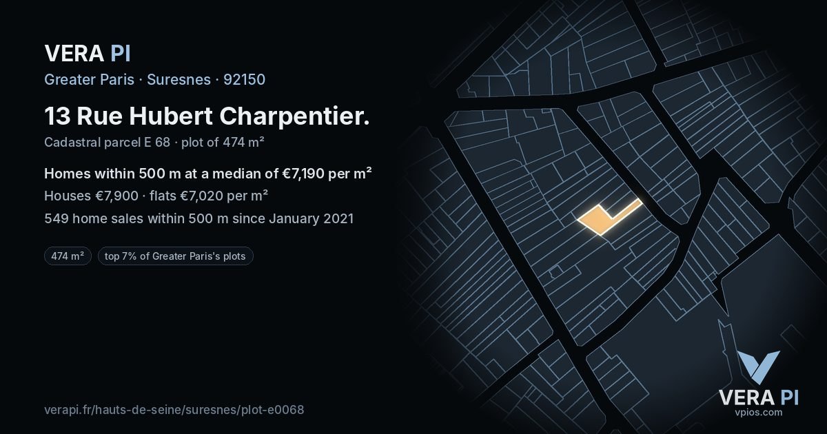 13 Rue Hubert Charpentier, Suresnes at night – the plot lit, the parcels around coloured by the prices near them